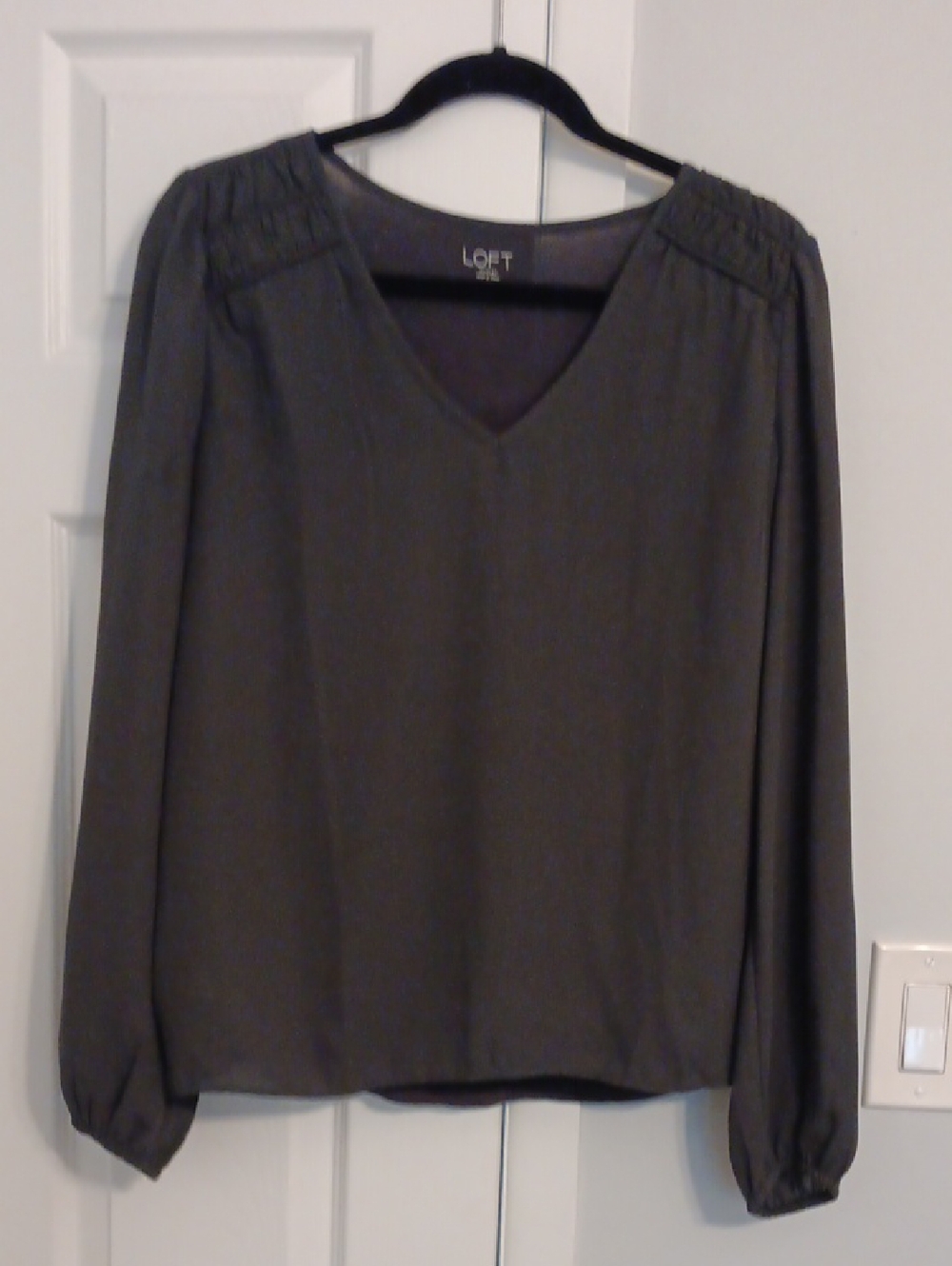 LOFT Dark Gray V-Neck Semi Sheer Long Sleeve Blouse